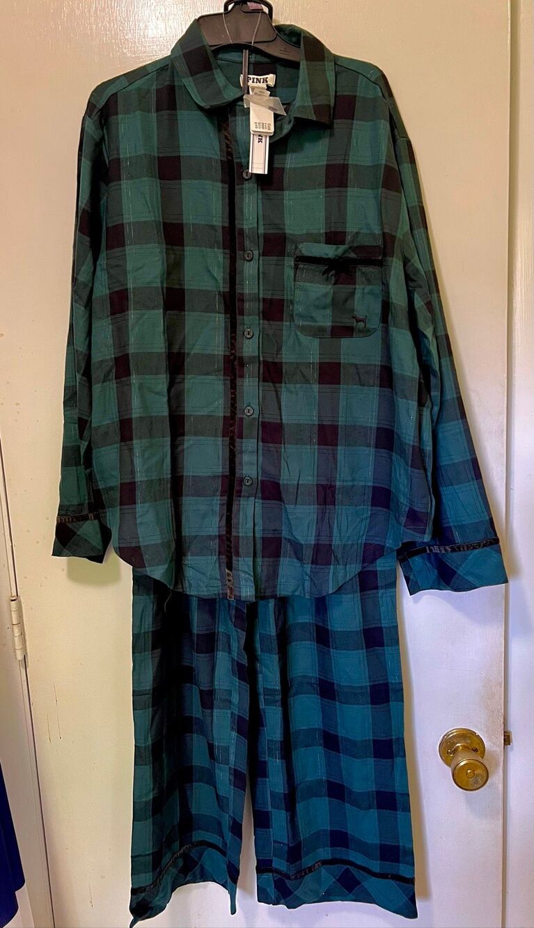 Victorias Secret Pink Pajamas Sz M Flannel Forrest Green Black Plaid Cotton NWT